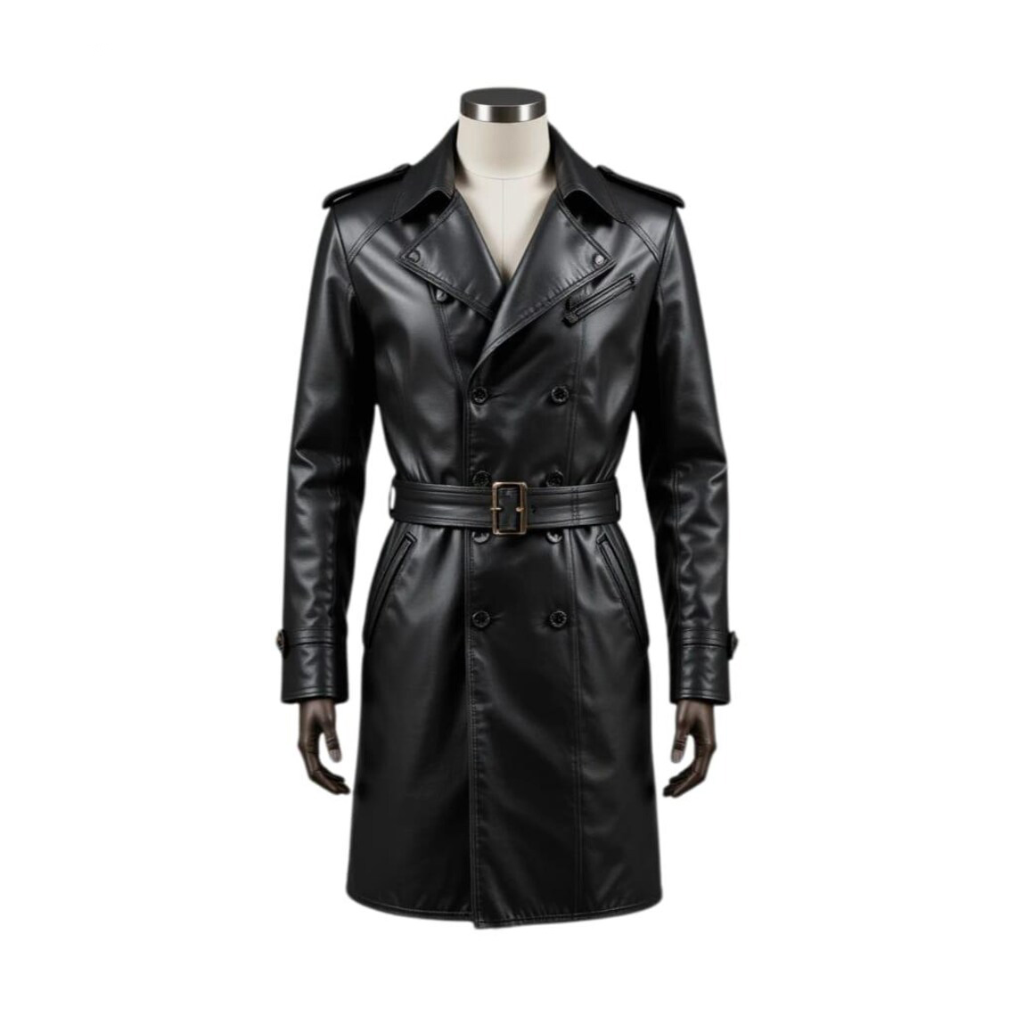Men's Black Leather Double-Breasted Belted Trench